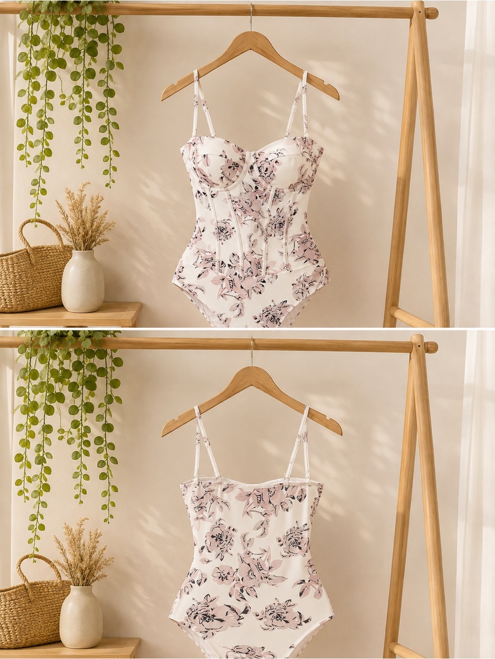 Floral Corset One-Piece Swimsuit - White with Blush Floral